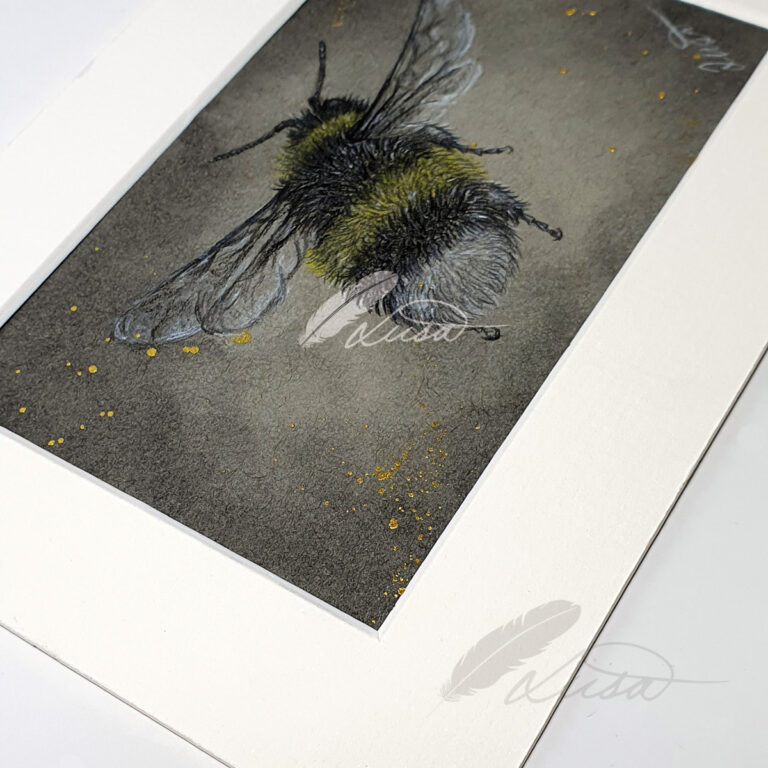 Original Hand Drawn and Painted with Gold Bumble Bee in Flight by Liisa Clark
