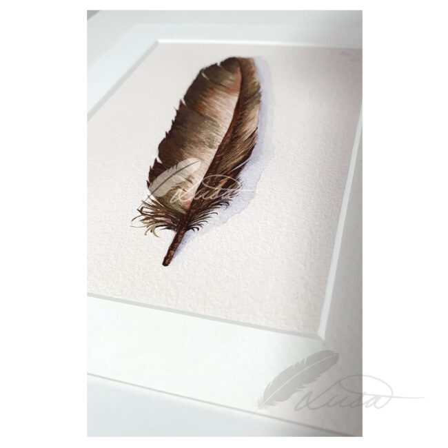 Hand Embellished Limtied edition Giclee Print of a feather in Gold and brown by Liisa Clark
