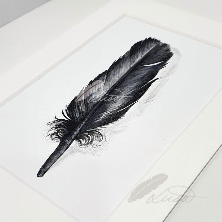 Black and silver Iridescent Feather Original Painting by Liisa Clark