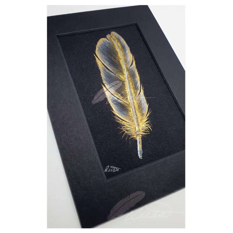 Gold and White Iridescent Feather Original Painting by Liisa Clark