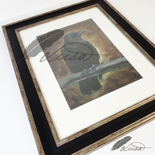 Limited Edition Giclee Print of a Crow Framed in Black Frame by Artist Liisa Clark