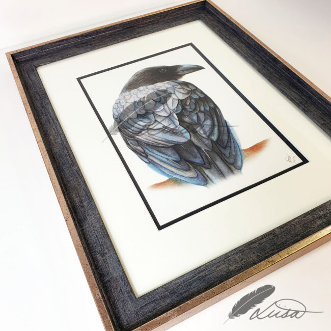 Limited Edition Giclee Print of a Raven Framed in Silvery Grey Frame by Artist Liisa Clark