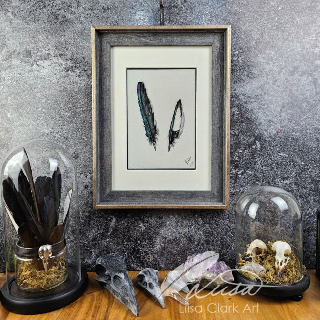 Limited Edition Giclee Print of a Pair of Magpie Feathers set in a Grey and Silvery Gold Frame by Liisa Clark