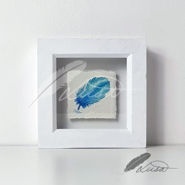 Cerulean and Ultra Marine Blue Watercolour Feather Floating in a White Boxframe by Liisa Clark