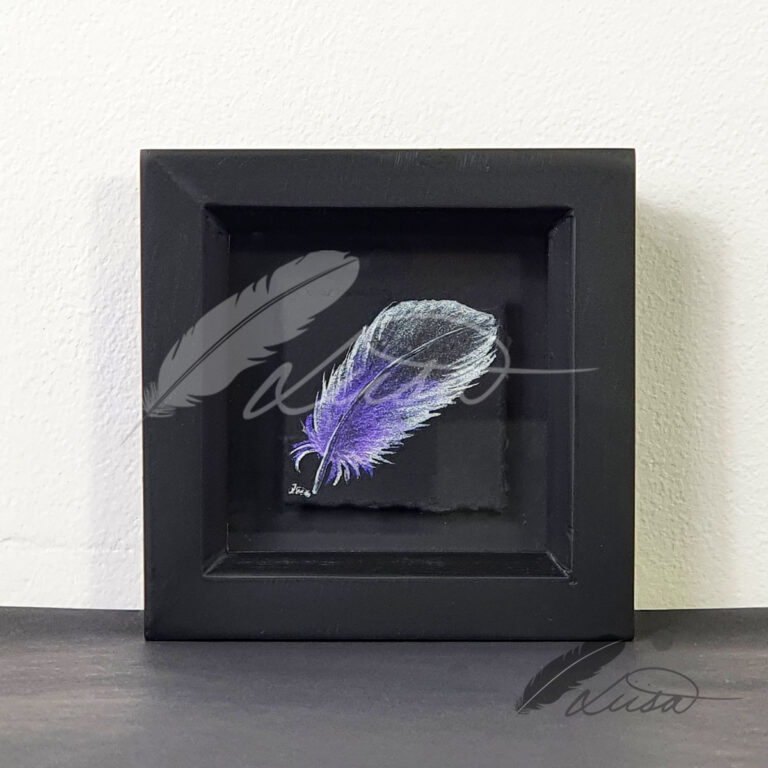 Iridescent Purple and Black Watercolour painting of a Feather Floating in a Black Boxframe by Liisa Clark