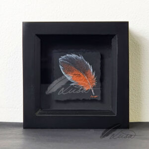 Iridescent Bronze and Black Watercolour painting of a Feather Floating in a Black Boxframe by Liisa Clark