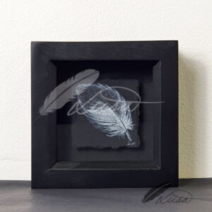 Iridescent Silver and Black Watercolour painting of a Feather Floating in a Black Boxframe by Liisa Clark