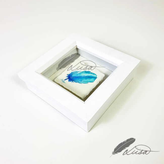 Cerulean and Ultra Marine Blue Watercolour Feather Floating in a White Boxframe by Liisa Clark