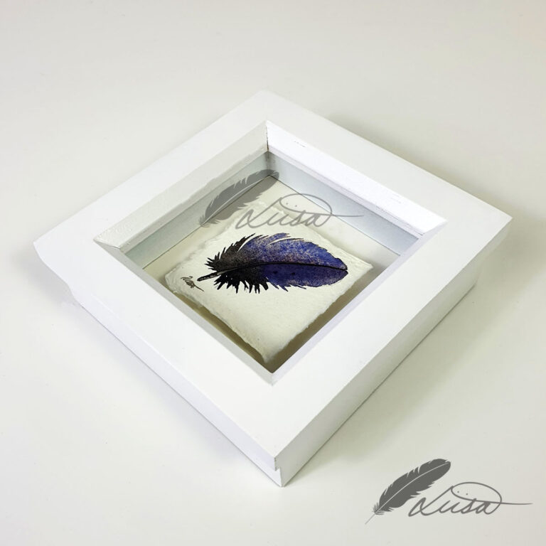 Galaxy Blue and Black Watercolour Feather Floating in a White Boxframe by Liisa Clark