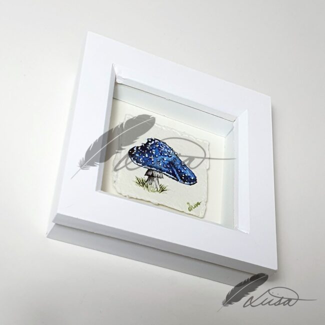 Original Watercolour painting of Blue Aminata Toadstools in a white boxframe by Liisa Clark