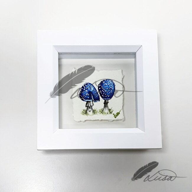 Original Watercolour painting of Blue Aminata Toadstools in a white boxframe by Liisa Clark