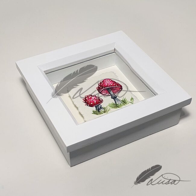 Original Watercolour painting of Pink Aminata Toadstools in a white boxframe by Liisa Clark