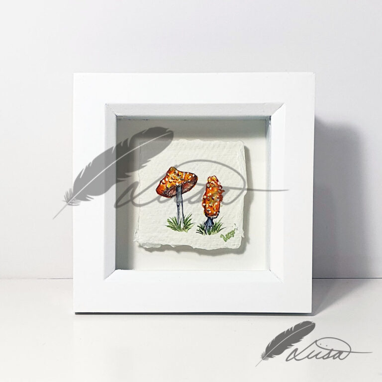 Original Watercolour painting of Yellow Aminata Toadstools in a white boxframe by Liisa Clark