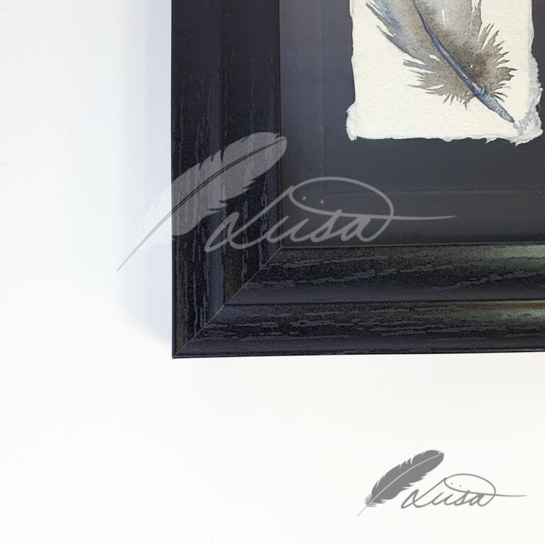 Winters Heart Watercolour Feather Floating in a White Boxframe by Liisa Clark