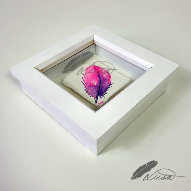 Pink and Purple Watercolour Feather Floating in a White Boxframe by Liisa Clark