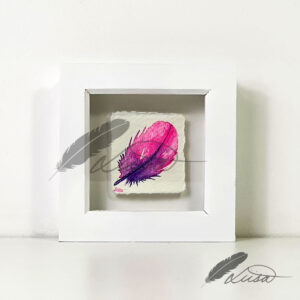 Pink and Purple Watercolour Feather Floating in a White Boxframe by Liisa Clark