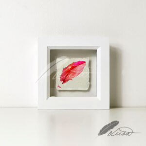 Orange and Pink Watercolour Feather Floating in a White Boxframe by Liisa Clark