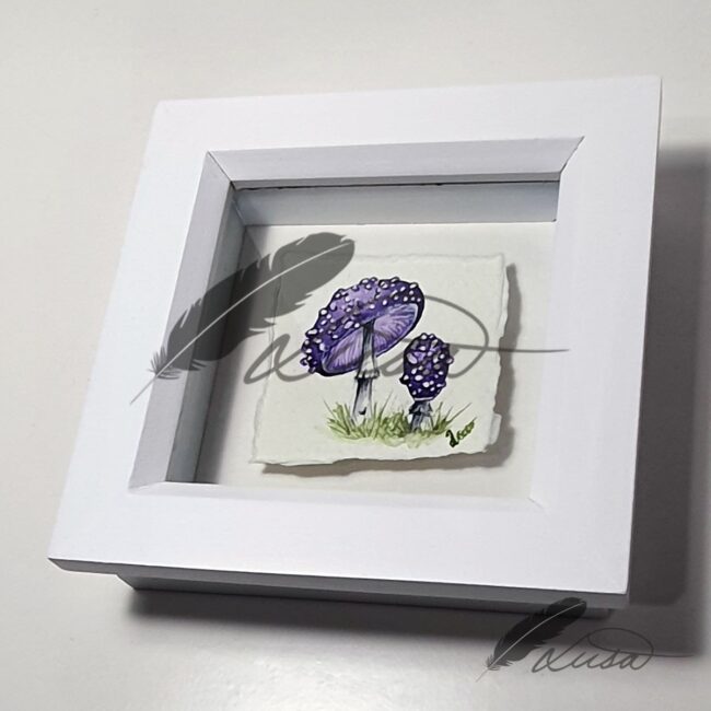 Original Watercolour painting of Purple Aminata Toadstools in a white boxframe by Liisa Clark