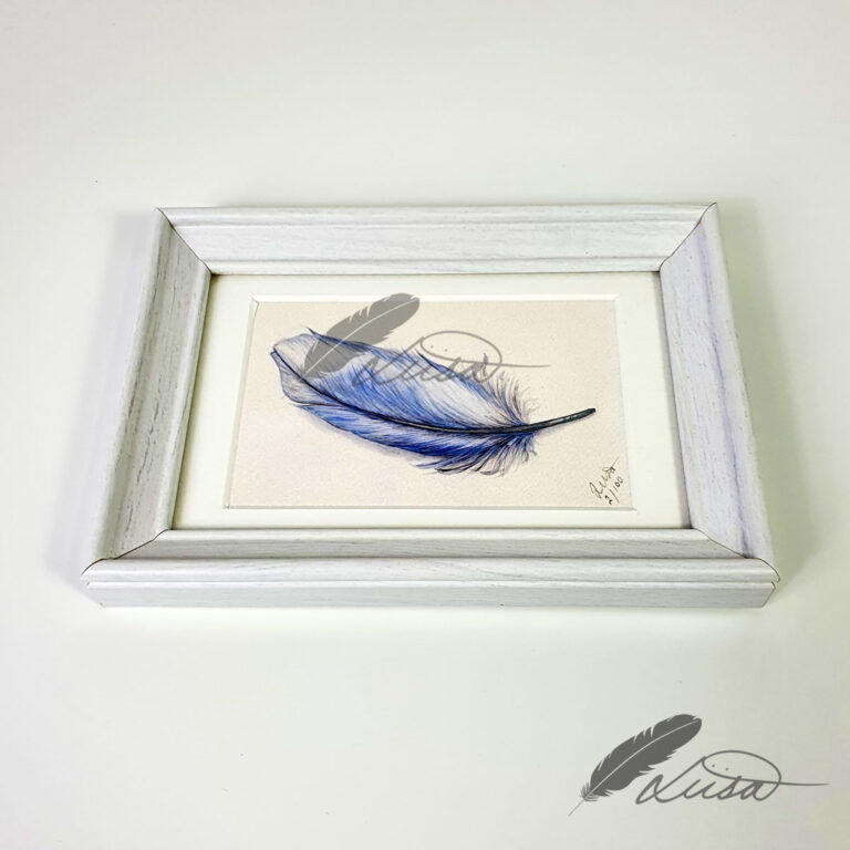 Hand Embellished Limited edition Giclee Print of Blue Feather4 in white Frame