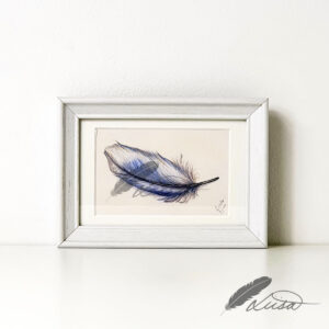 Hand Embellished Limited edition Giclee Print of Blue Feather4 in white Frame