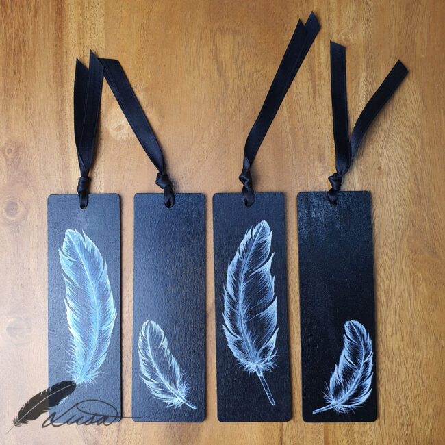 Handpainted Wood Black Bookmark With White feather