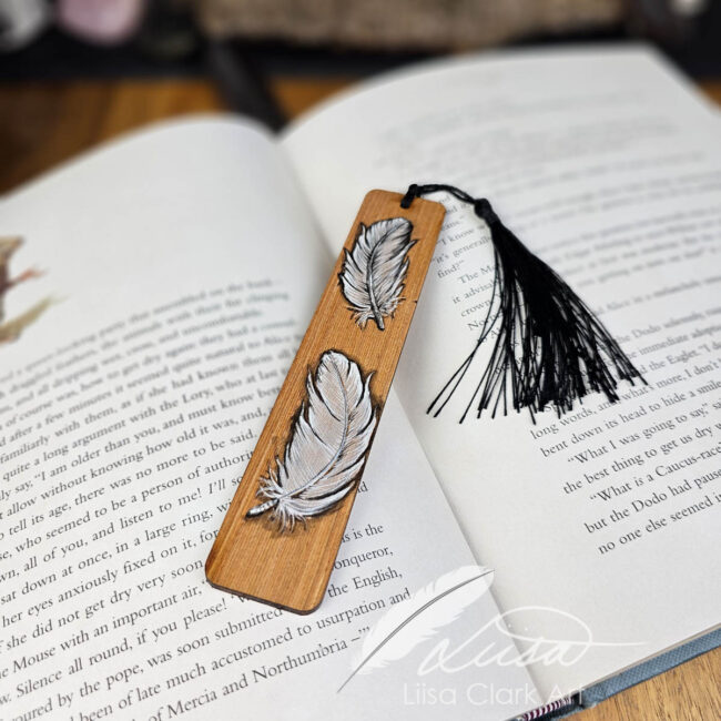 Beautiful Wooden Bookmark with Handpainted White feathers and Soft Black Tassel by Liisa Clark