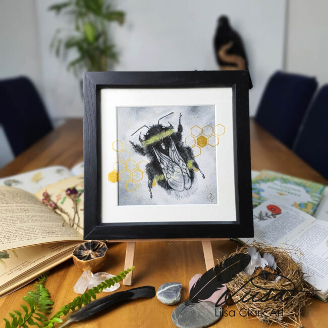 Hand Embellished in Gold and Silver Giclee Art Print of Bumble Bee set in a Rustic Black Frame