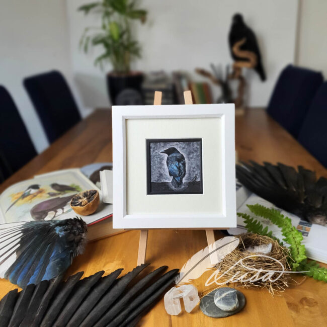 Limited edition Giclee Print of a Crow drawn in Pastels by Artist Liisa Clark Set in a White Rustic Frame