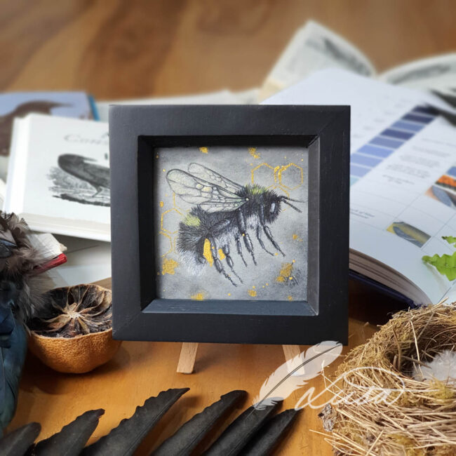 Hand Embellished in Gold and Silver Giclee Art Print of Bumble Bee set in a Rustic Black Frame