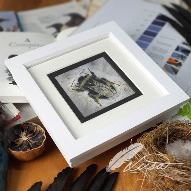 Hand Embellished in Gold and Silver Giclee Art Print of Bumble Bee set in a Rustic White Frame