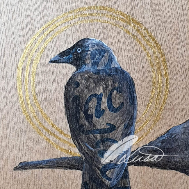 Hand painted Original Icon Jackdaw with Gold Halo on Wood Panel and Black Ayeous Wood Frame