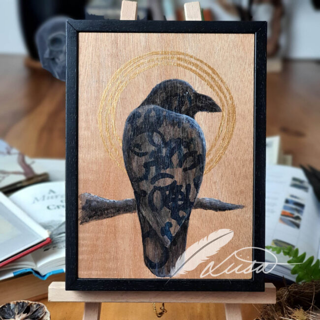 Hand painted Original Icon Crow with Gold Halo on Wood Panel and Black Ayeous Wood Frame