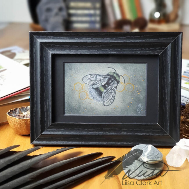 Hand Embellished in Gold and Silver Giclee Art Print of Bumble Bee set in a Contemporary Black