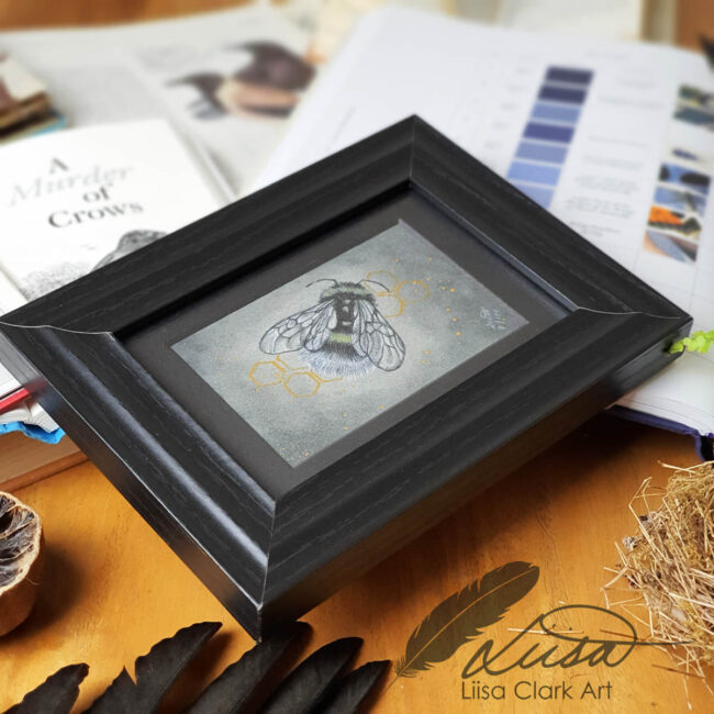 Hand Embellished in Gold and Silver Giclee Art Print of Bumble Bee set in a Contemporary Black