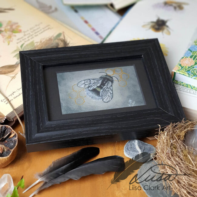 Hand Embellished in Gold and Silver Giclee Art Print of Bumble Bee set in a Contemporary Black Frame