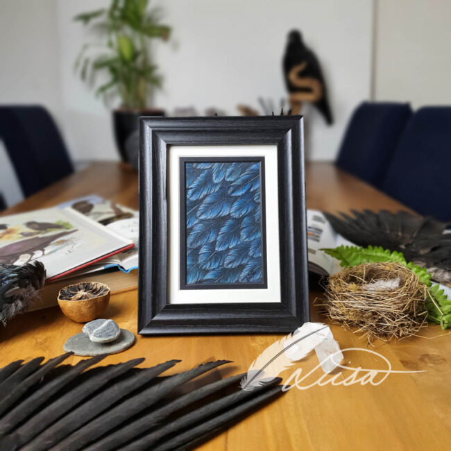 Original Pastel Drawing of Crow feathers set in a White and Black Mount and Frame