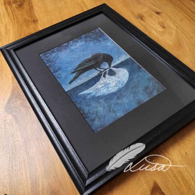 Original Pastel Drawing of 2 Mirrired Crows set in an A3 Black Mount and Frame
