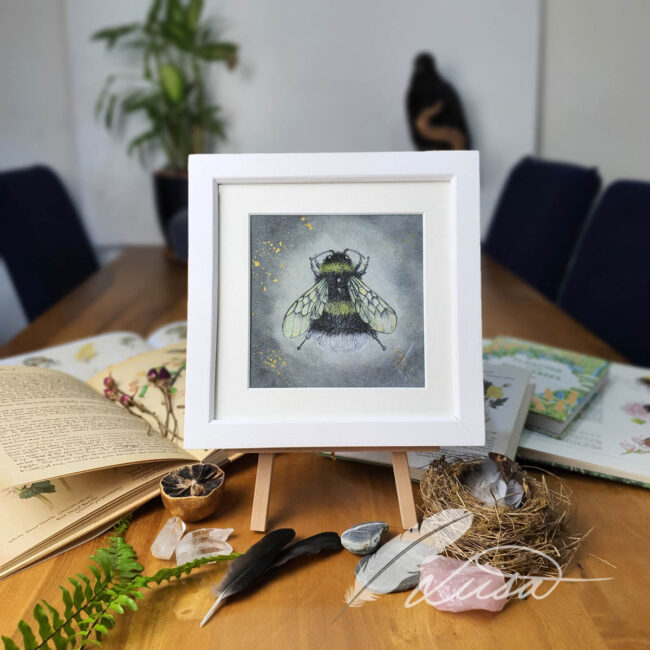 Hand Embellished in Gold and Silver Giclee Art Print of Bumble Bee set in a Rustic White Frame