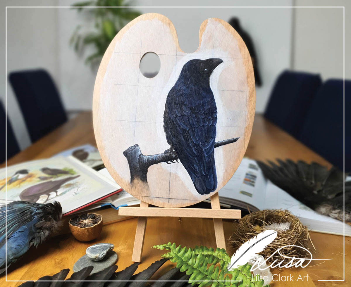 Original Curious Crow Painting on Artist Pallet by Liisa Clark