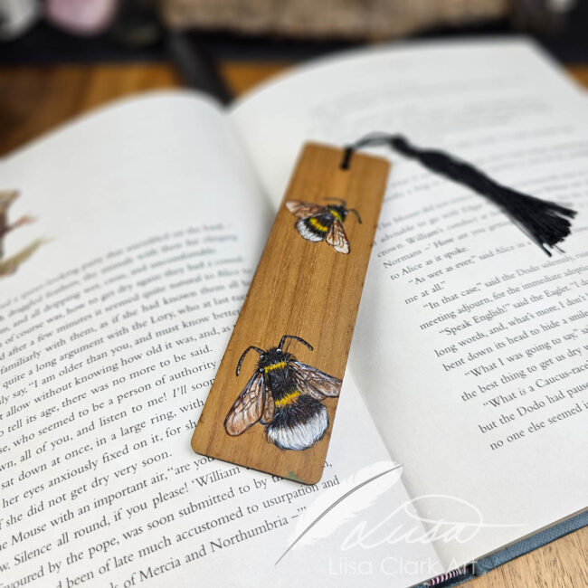 Beautiful Wooden Bookmark with a pair of Handpainted Bee and a Soft Black Tassel by Liisa Clark