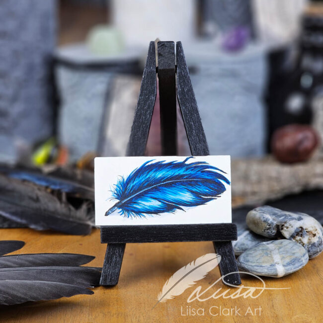 Nature Inspired Miniature Acrylic painting of a Blue Crow Feather by Liisa Clark Art