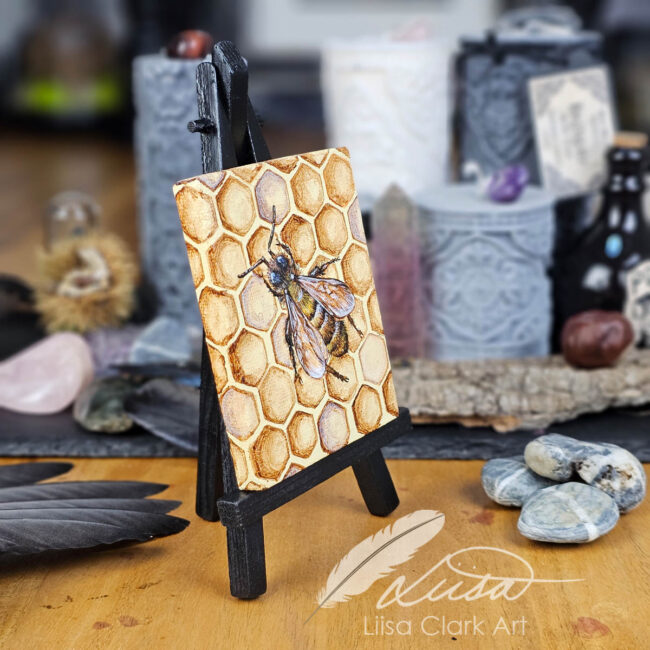 Hand painted Original Honey Bee in Honeycomb on a Miniature Canvas by Liisa Clark