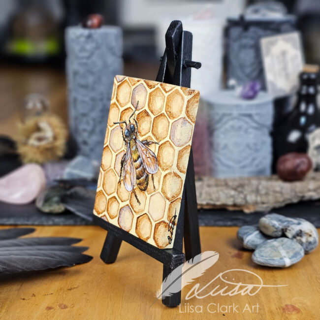 Hand painted Original Honey Bee in Honeycomb on a Miniature Canvas by Liisa Clark