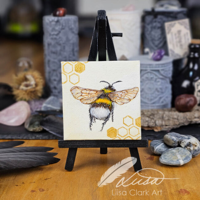 Hand painted Mini Canvas of a Flying Bumble Bee by Liisa Clark