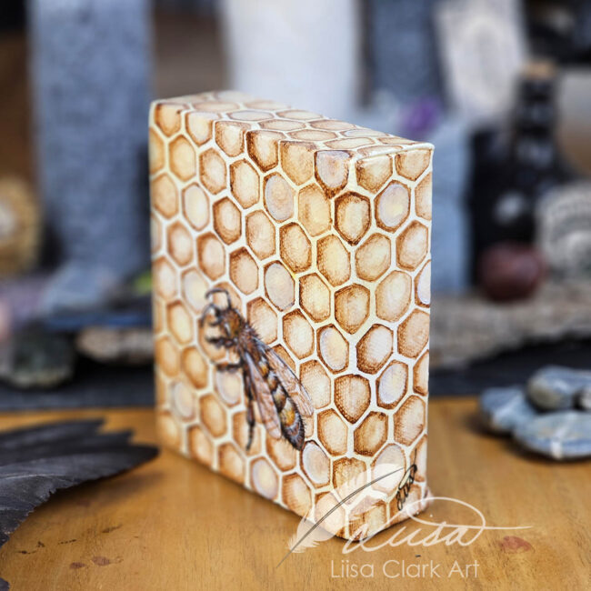 Hand Painted Flying Honey Bee on a Deep Canvas Box Frame with Honeycomb by Liisa Clark
