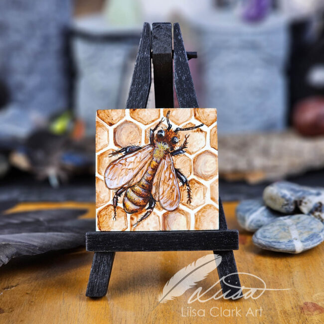 Nature Inspired Miniature Acrylic painting of a Honey Bee Sitting on Honeycomb by Liisa Clark