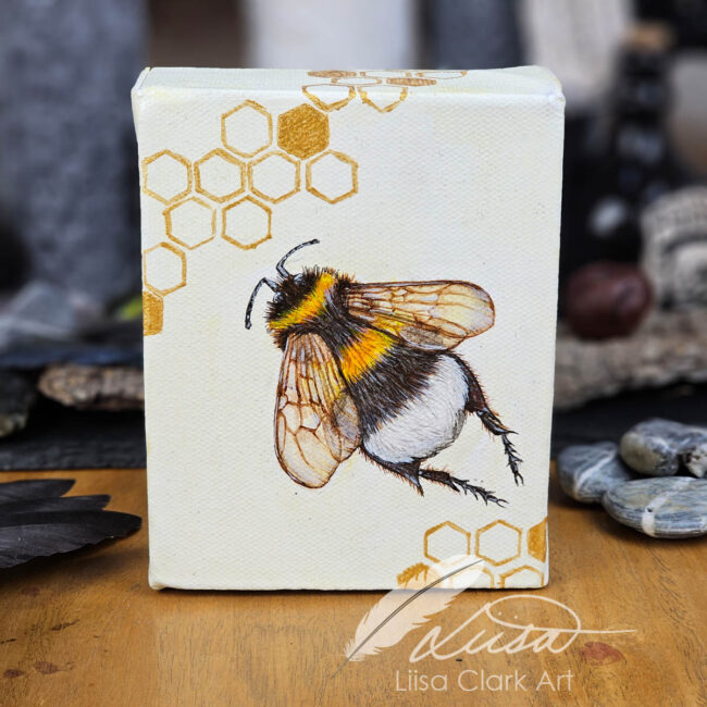 Hand Painted Flying Bumble Bee on a Deep Canvas Box Frame with Gold Honeycomb by Liisa Clark