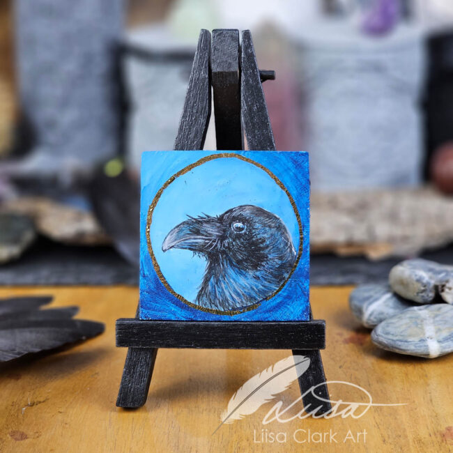 Nature Inspired Miniature Acrylic painting of a Raven Set in a Gold Leaf Circle by Liisa Clark