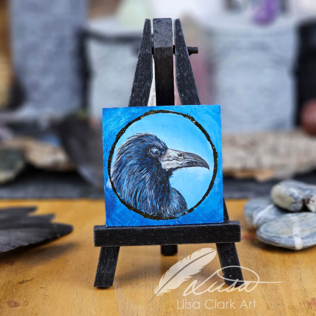 Nature Inspired Miniature Acrylic painting of a Rook Set in a Gold Leaf Circle by Liisa Clark