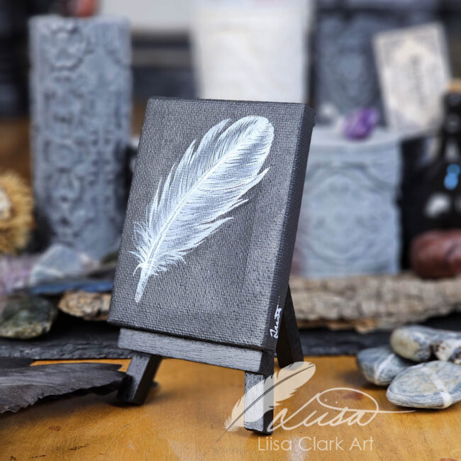 Stunning white feather set on a Black Miniature Canvas Hand painted by Liisa Clark